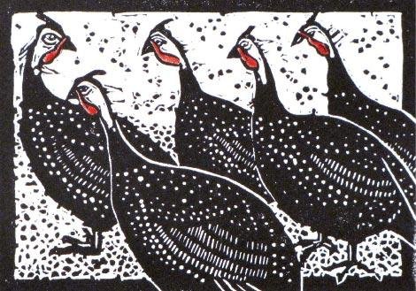 Nancy Darrell, Marshall, Five Guineas, Linocut with watercolor, 5&quot; x 7&quot;