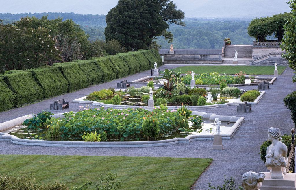 Peaceful places: The Garden Terrace, aka the Italian Garden, is rich with aquatic plantings and statuary features, and also served as the Vanderbilts’ croquet court.