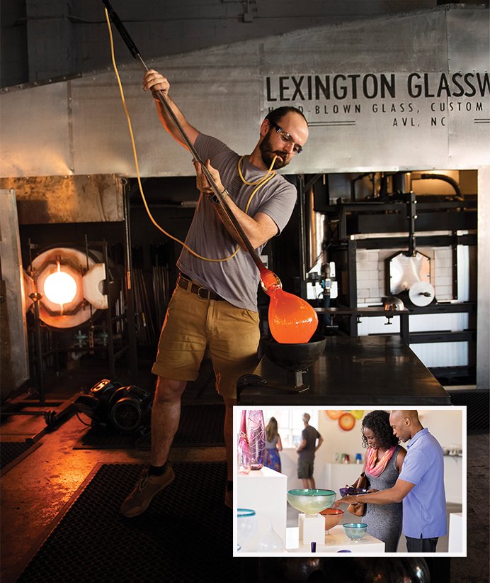 Lexington Glassworks  (inset) is an open glass studio and gallery, featuring the works of founders Geoff Koslow (left) and Billy Guilford and their team. Through their new resident assistantship program, they’re attracting even more talent to Asheville.