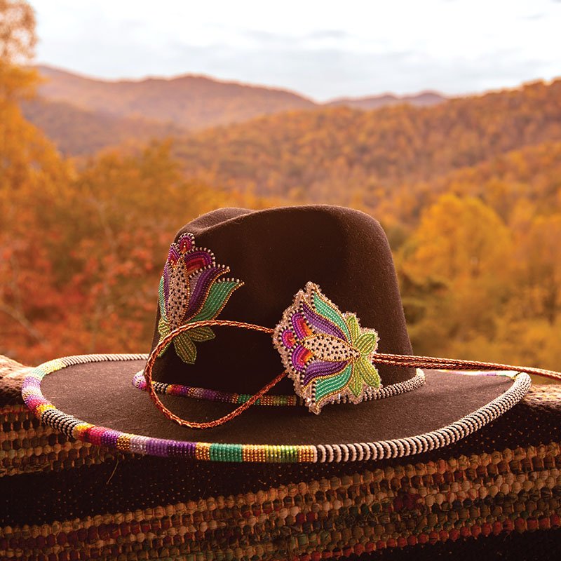 A hat decorated by Eastern Cherokee bead artist, Jen Bird. Qualla Boundary, North Carolina.