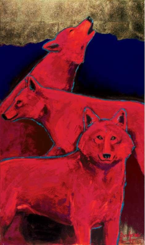 Ann Dergara, Brevard, Three Red Wolves Acrylic &amp; Gold Leaf, 30” x 50”