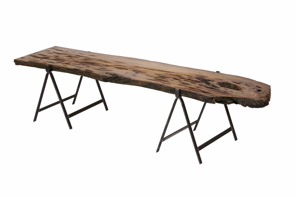 Shetland cocktail table, made with pecky cypress and metal