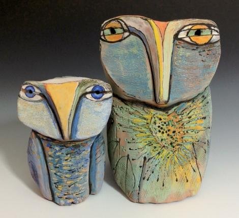 Blue Fire Macmahon, Asheville, Owl Couple standing in beauty, clay, 4¼&quot; &amp; 6¼&quot;