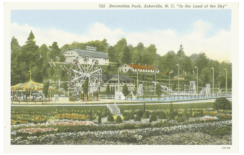 Places now gone or transformed through years grace many a card.  Consider Asheville’s historic Recreation Park, which featured a Ferris wheel, merry-go-round, and other rides.