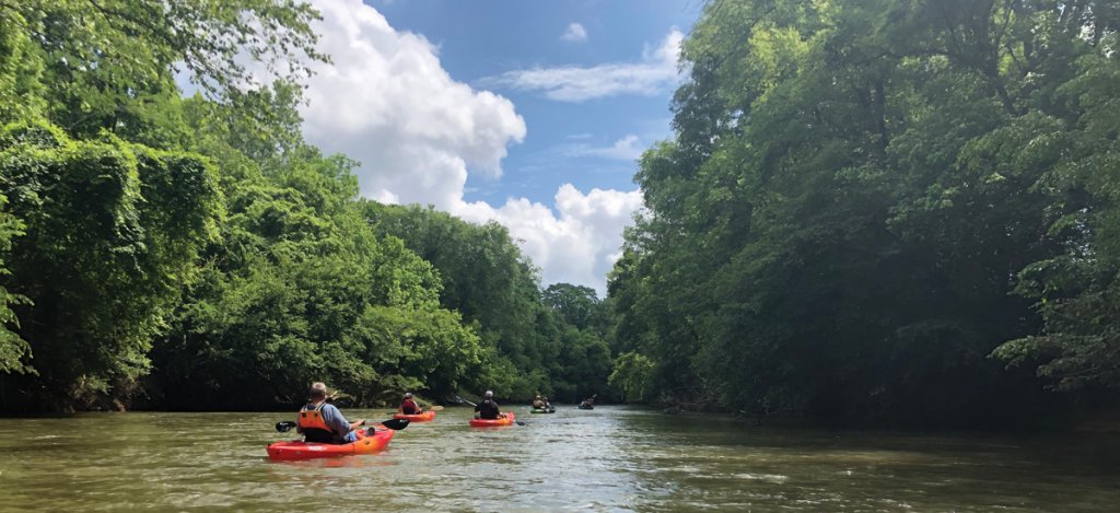 The Yadkin River welcomes kayakers and canoers on its calmer sections.