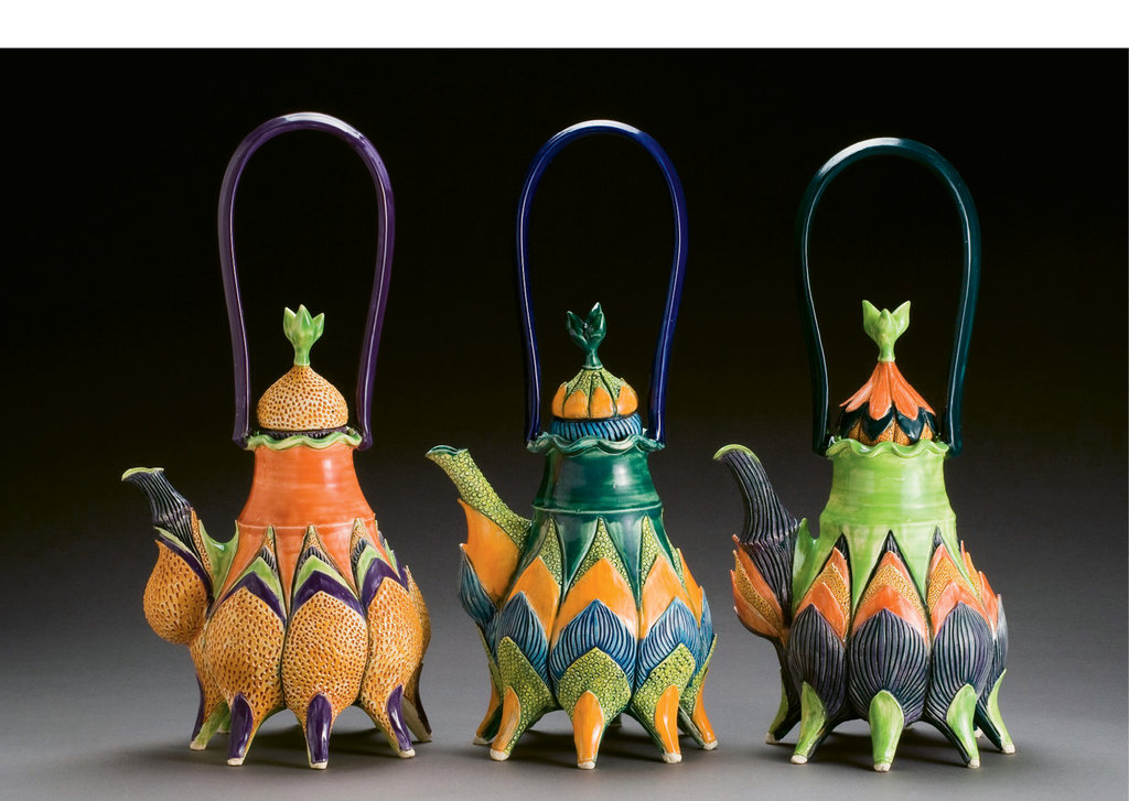 These playful lotus teapots have leaf forms and lobes that highlight the plasticity of the clay. After creating shapes on the wheel (right), Sherburne experiments with extreme proportions and pops of bright color.