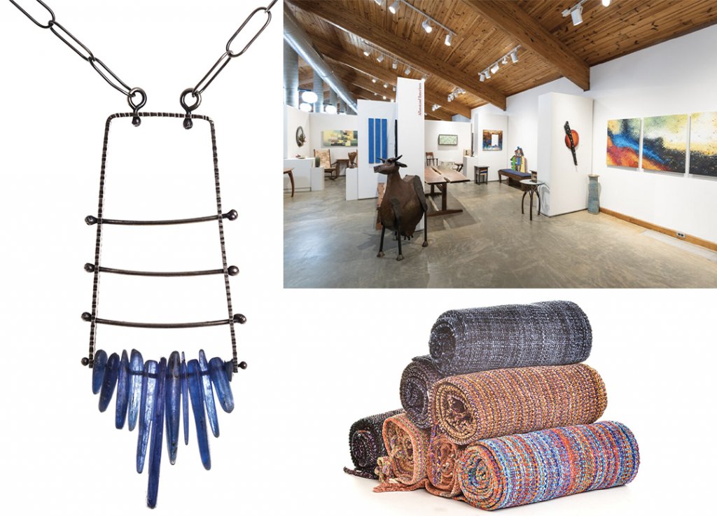 Located along the Blue Ridge Parkway, the Folk Art Center (above) sells works by juried members of the Southern Highland Craft Guild, including metal and mineral jewelry by Erica Stankwytch Bailey and woven scarves by Cindy Malovany.