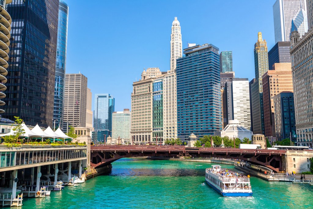 The Chicago River runs through the heart of the towering city.