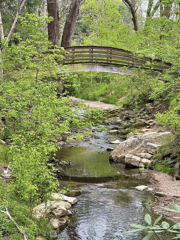 The Rhoades Bridge leads to a secluded creek access point.