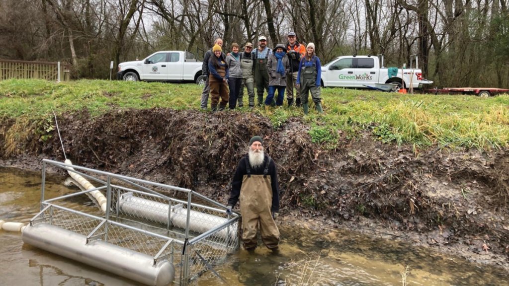 Ungainly as it looks, MountainTrue has placed several “Trash trouts” to collect waste floating down tributaries to the river.