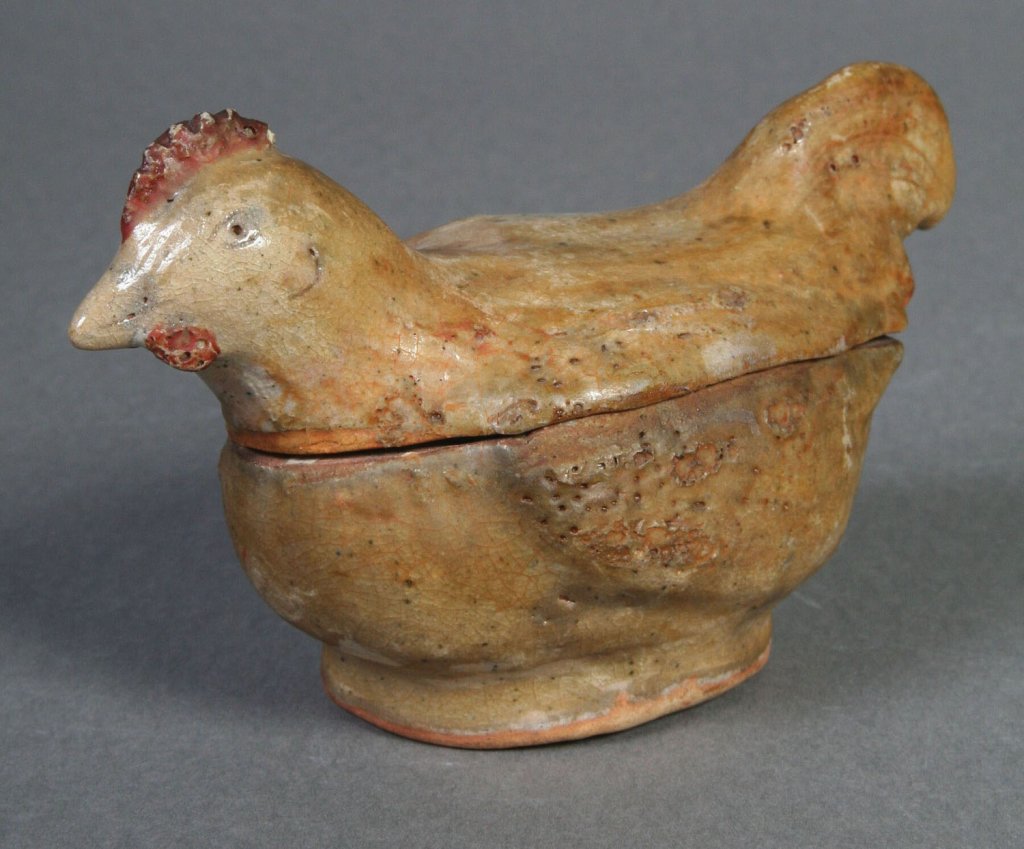 Made in the 1930s, this chicken-shaped covered dish was crafted by Clara Maude Cobb Hilton of the historic Hilton family potters in the Catawba region.